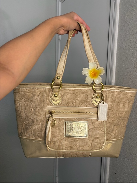 Coach Handbags - Coach Vintage Beige Signature Canvas Tote with Gold Trim